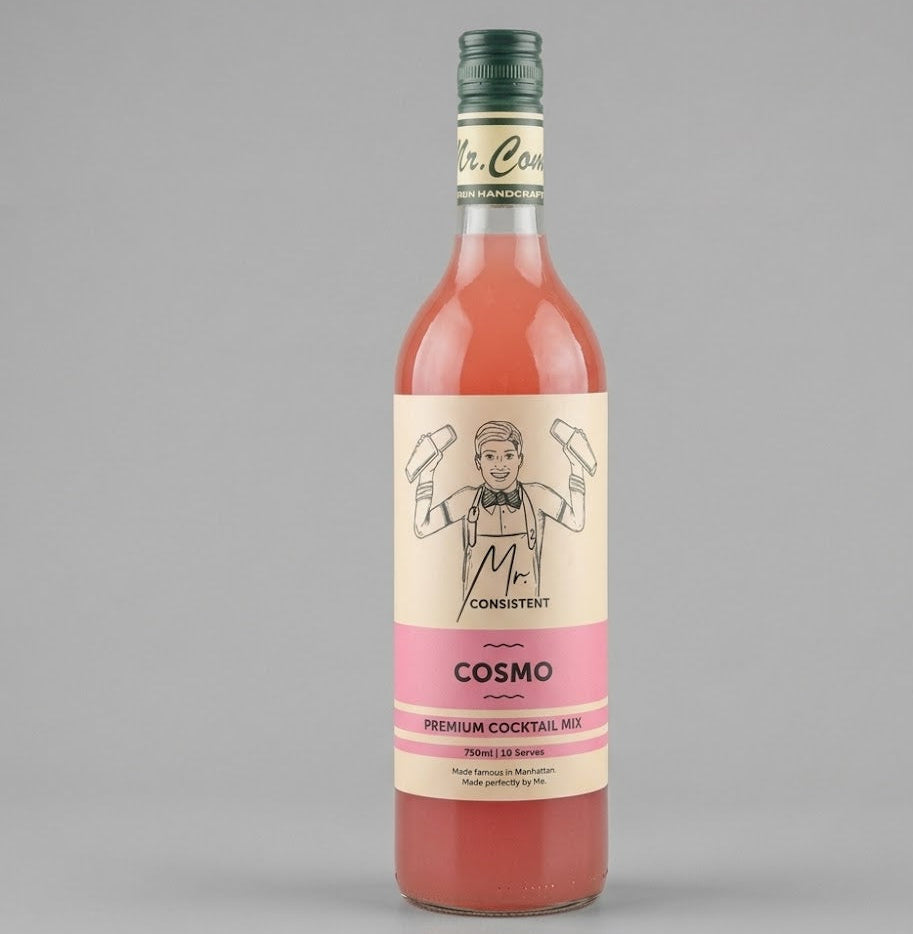 Bottle of Mr. Consistent Cosmo cocktail mix on a gray background