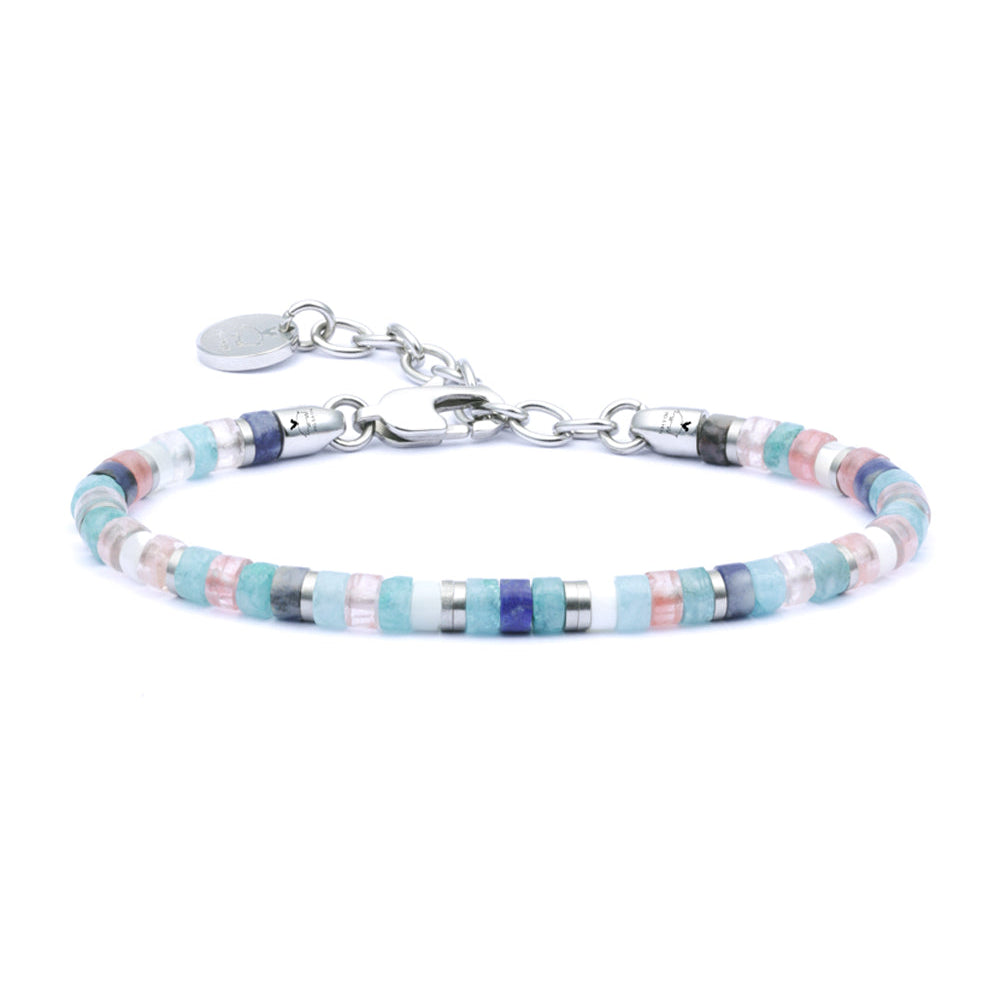 Multicolored beaded bracelet with silver clasp on a white background