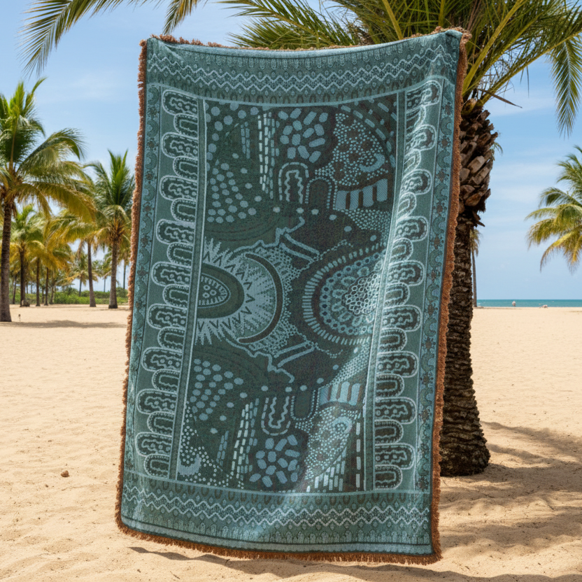 Decorative blanket with tribal design on a wooden surface with palm trees in the background