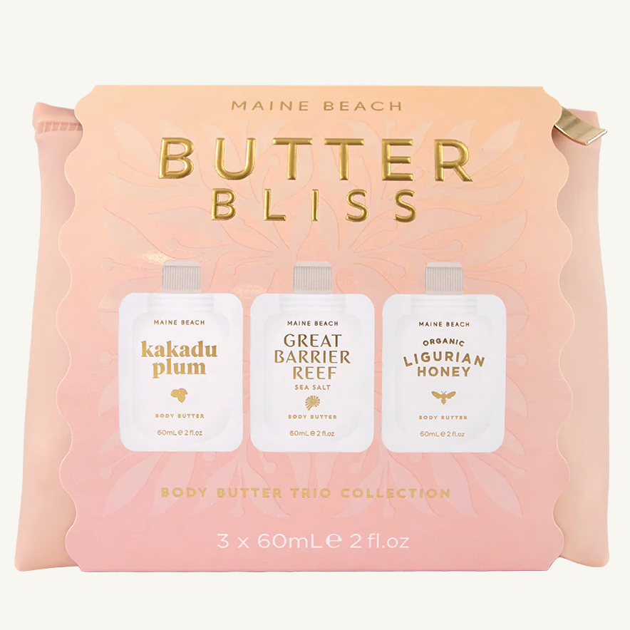Maine Beach Butter Bliss body butter trio collection packaging on a white background