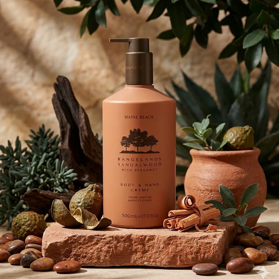 Body cream bottle with sandalwood fragrance on a natural stone surface with plants and spices.