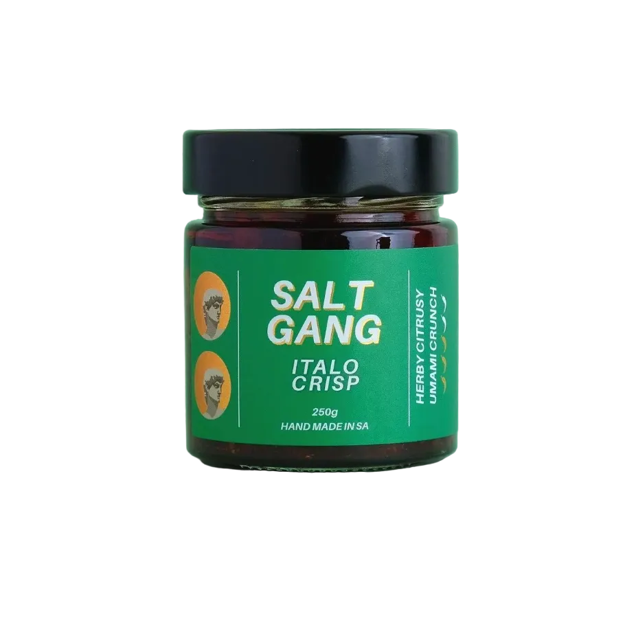 Jar of 'Salt Gang' Italo Crisp on a light green background