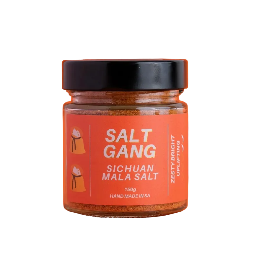 Jar of Sichuan Mala Salt from Salt Gang on an orange background
