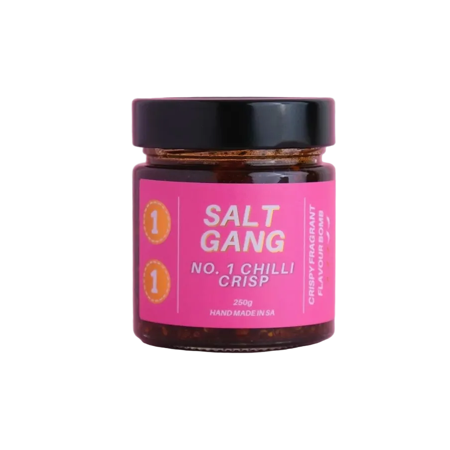 Jar of 'Salt Gang' No. 1 Chilli Crisp on a pink background