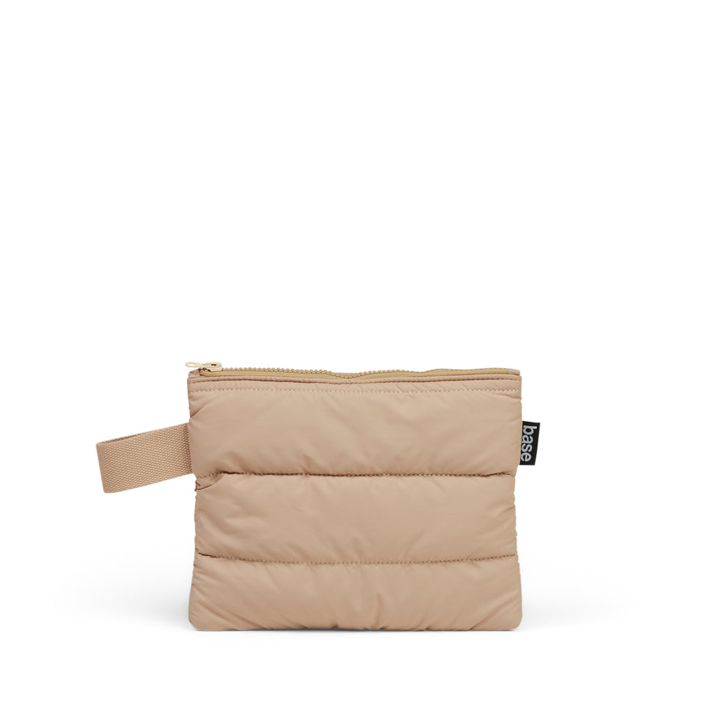 Beige pouch with a visible brand label on a white background