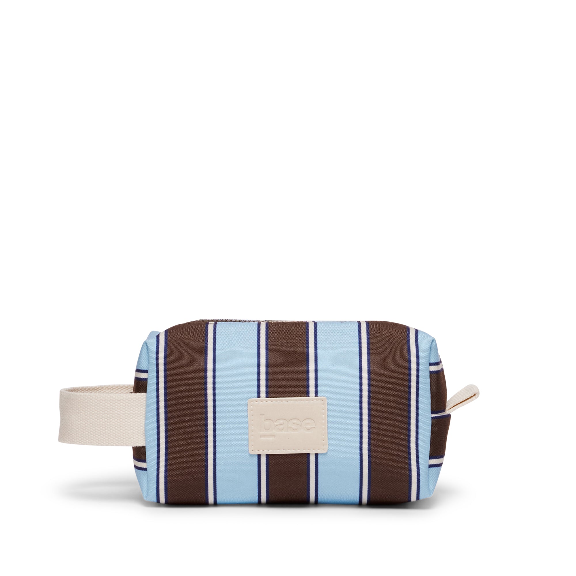 Striped fanny pack with a beige strap on a white background