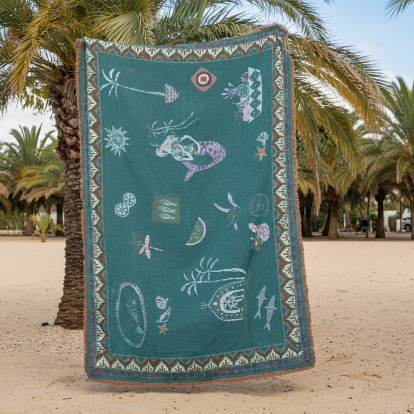 Decorative blanket with mermaid design on a wooden surface with palm trees in the background