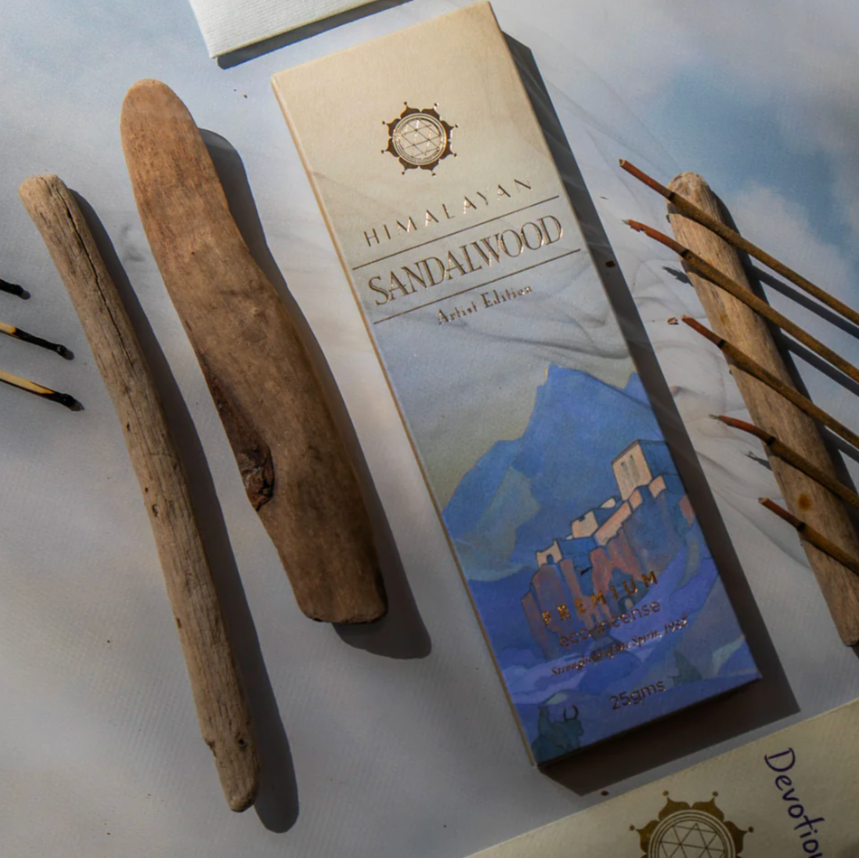 Himalayan Sandalwood incense sticks with packaging on a light background