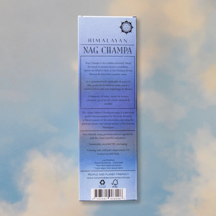 Himalayan Nag Champa product packaging on a blurred natural background