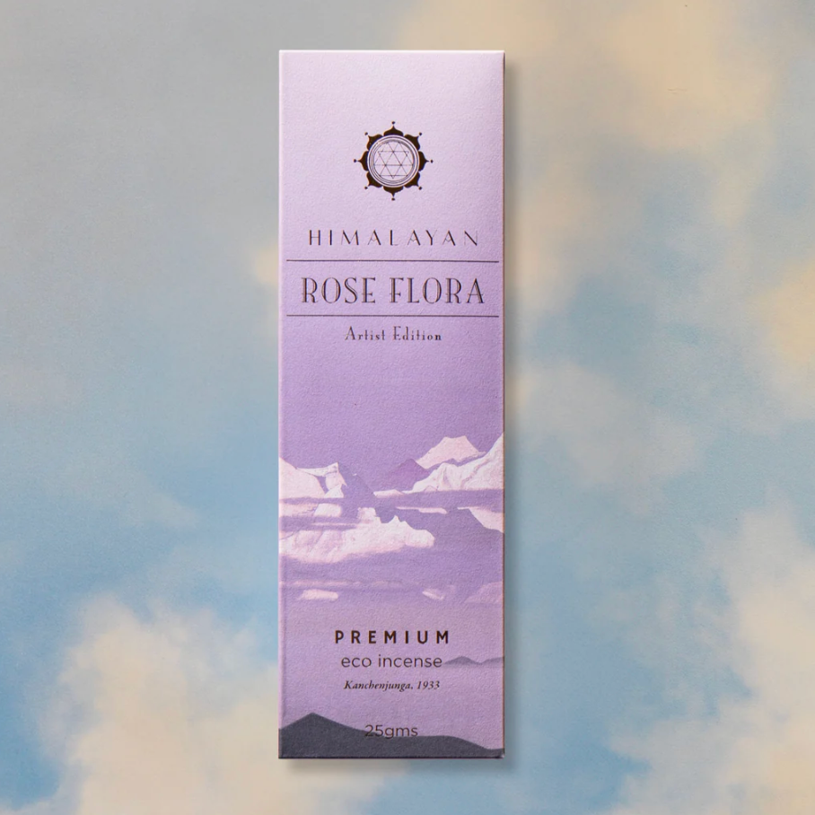 Himalayan Rose Flora incense packaging on a blurred natural background
