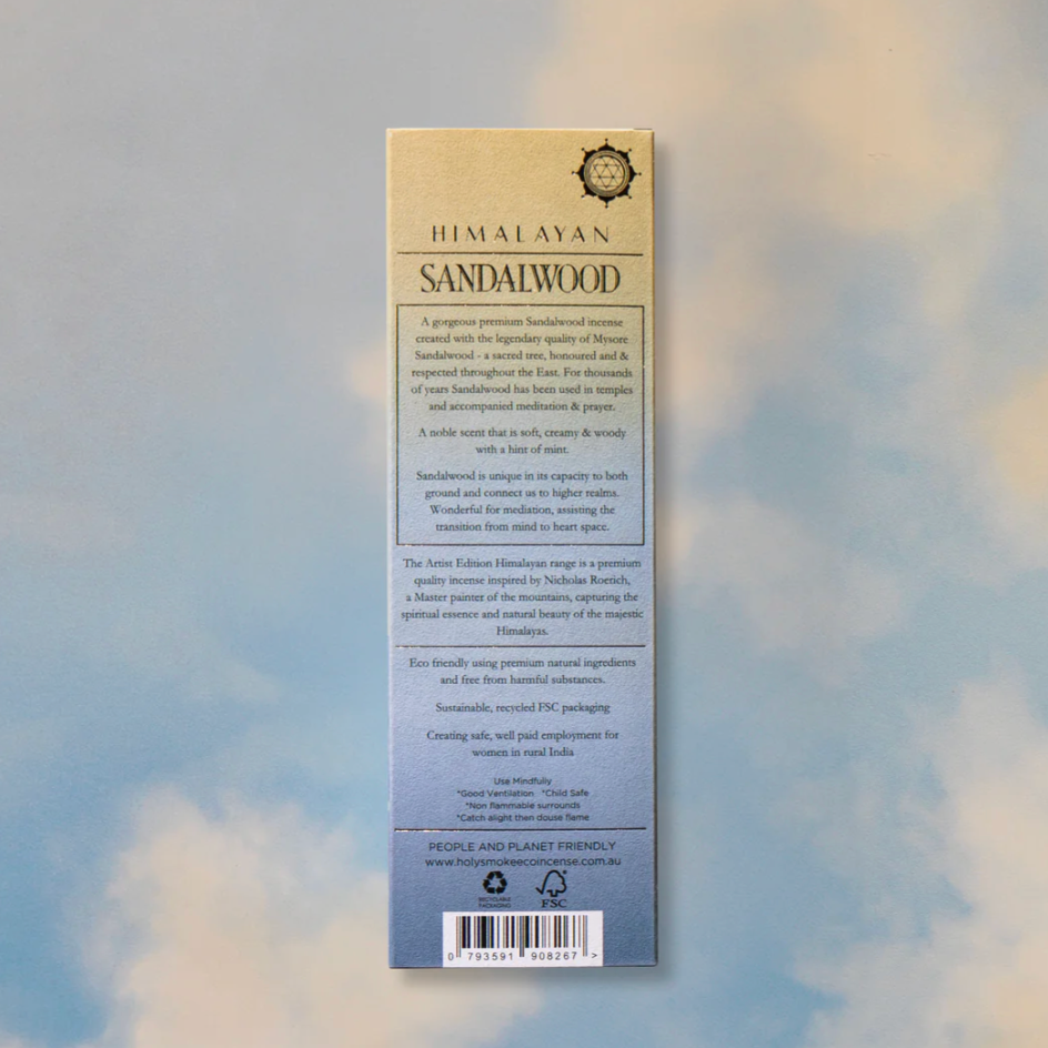 Himalayan Sandalwood product packaging with text on a cloud-patterned background