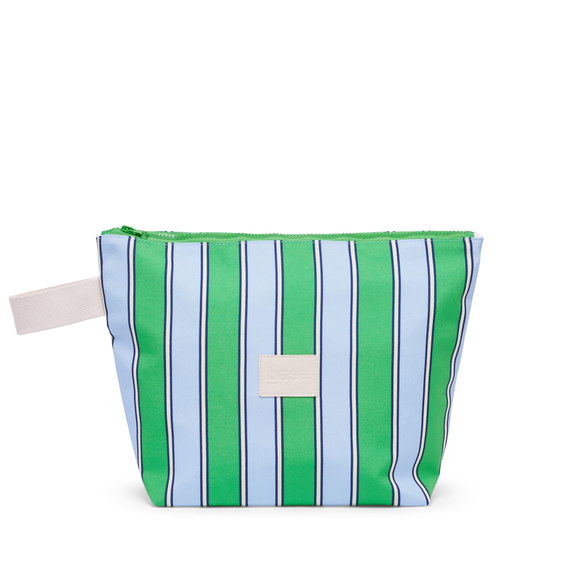 Striped pouch with green and blue pattern on a white background