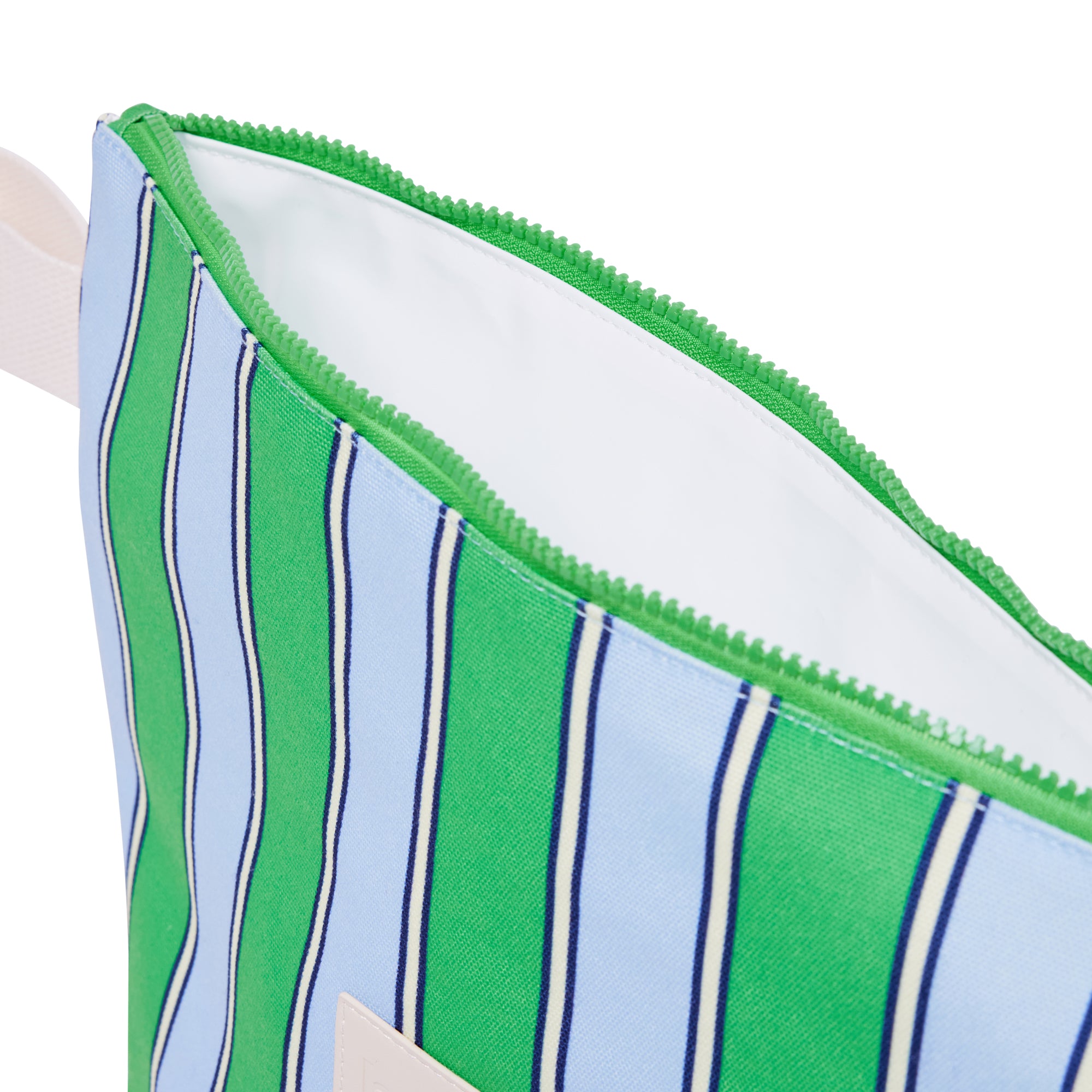 Close-up of a green and blue striped pouch with a zipper.