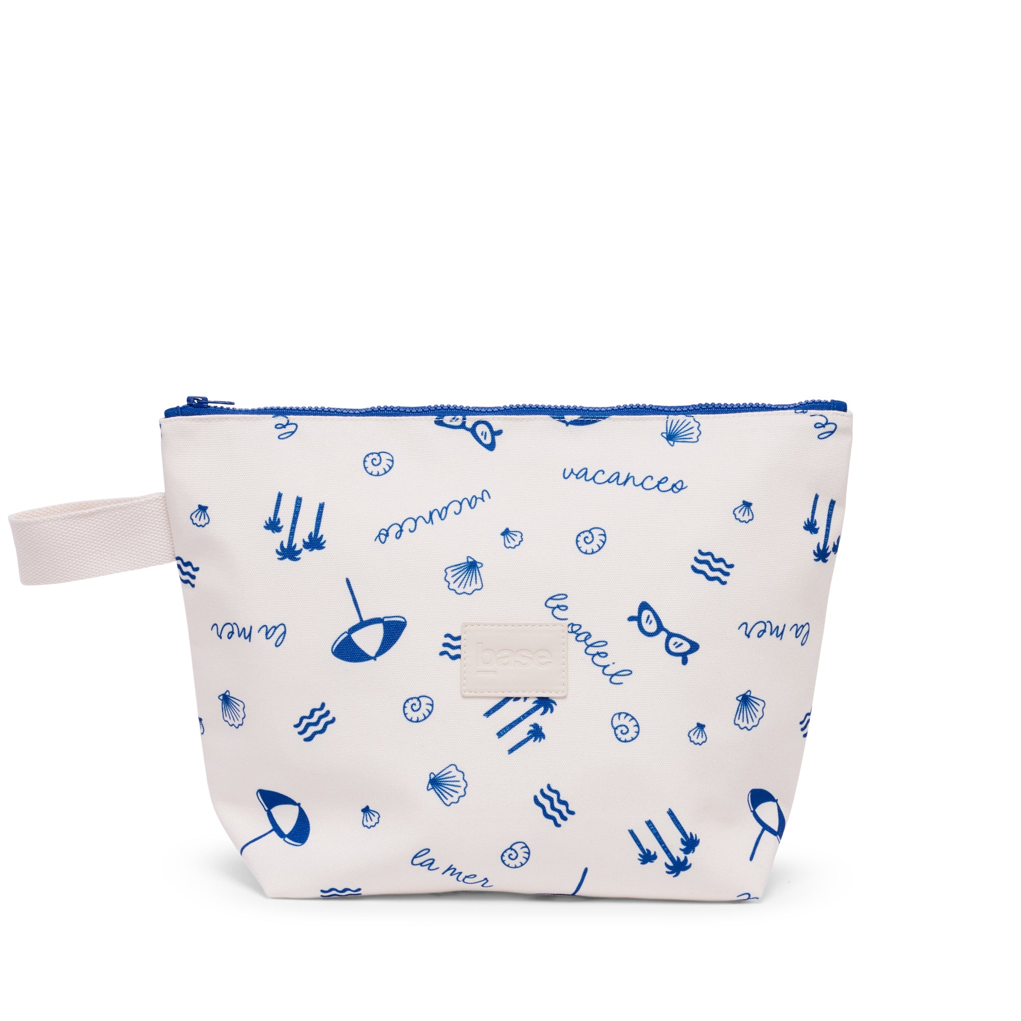 White pouch with blue patterns and text on a white background