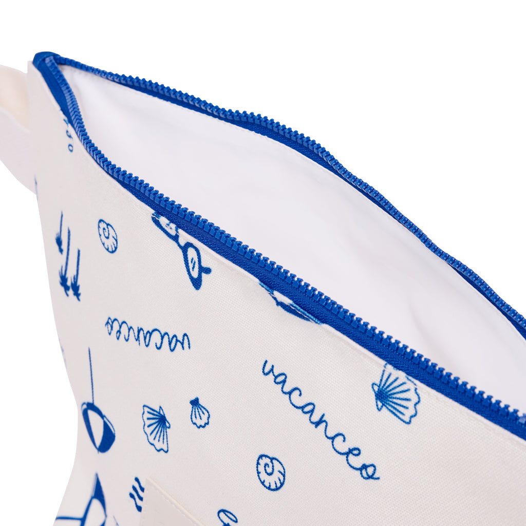 White pouch with blue zipper and beach-themed designs on a white background