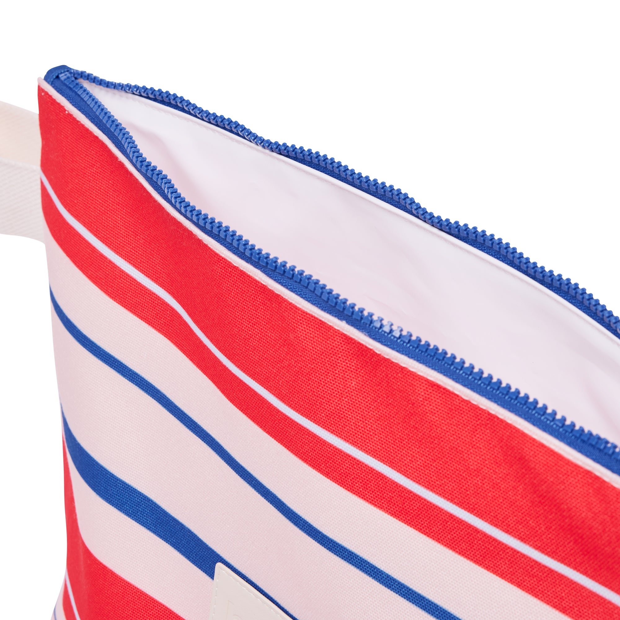 Close-up of a pouch with red, white, and blue stripes on a white background