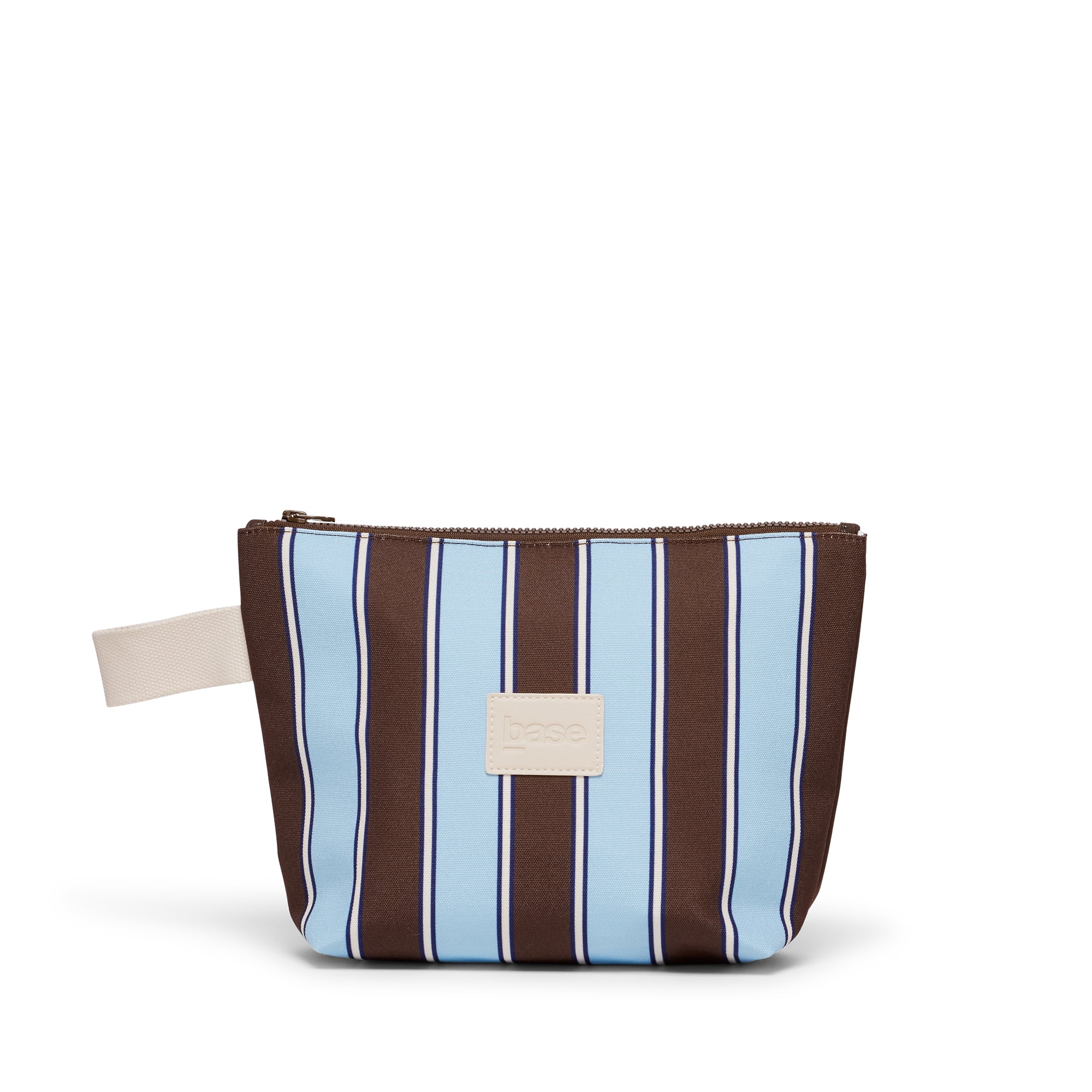 Striped bag with blue and brown stripes on a white background