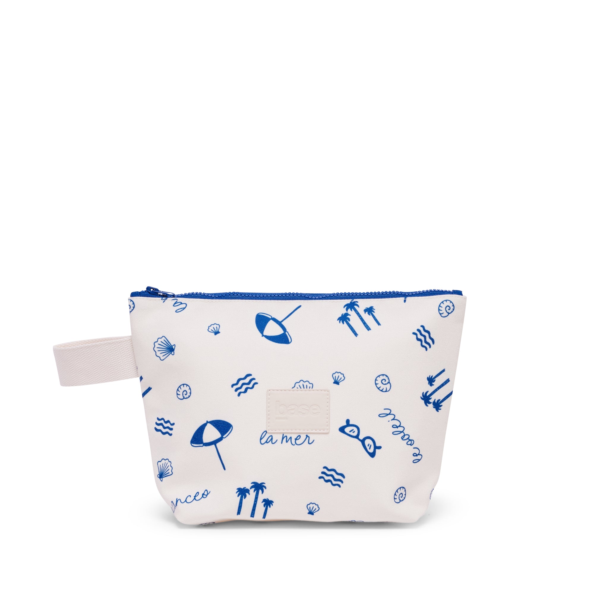 Small pouch with blue sea-themed patterns on a white background