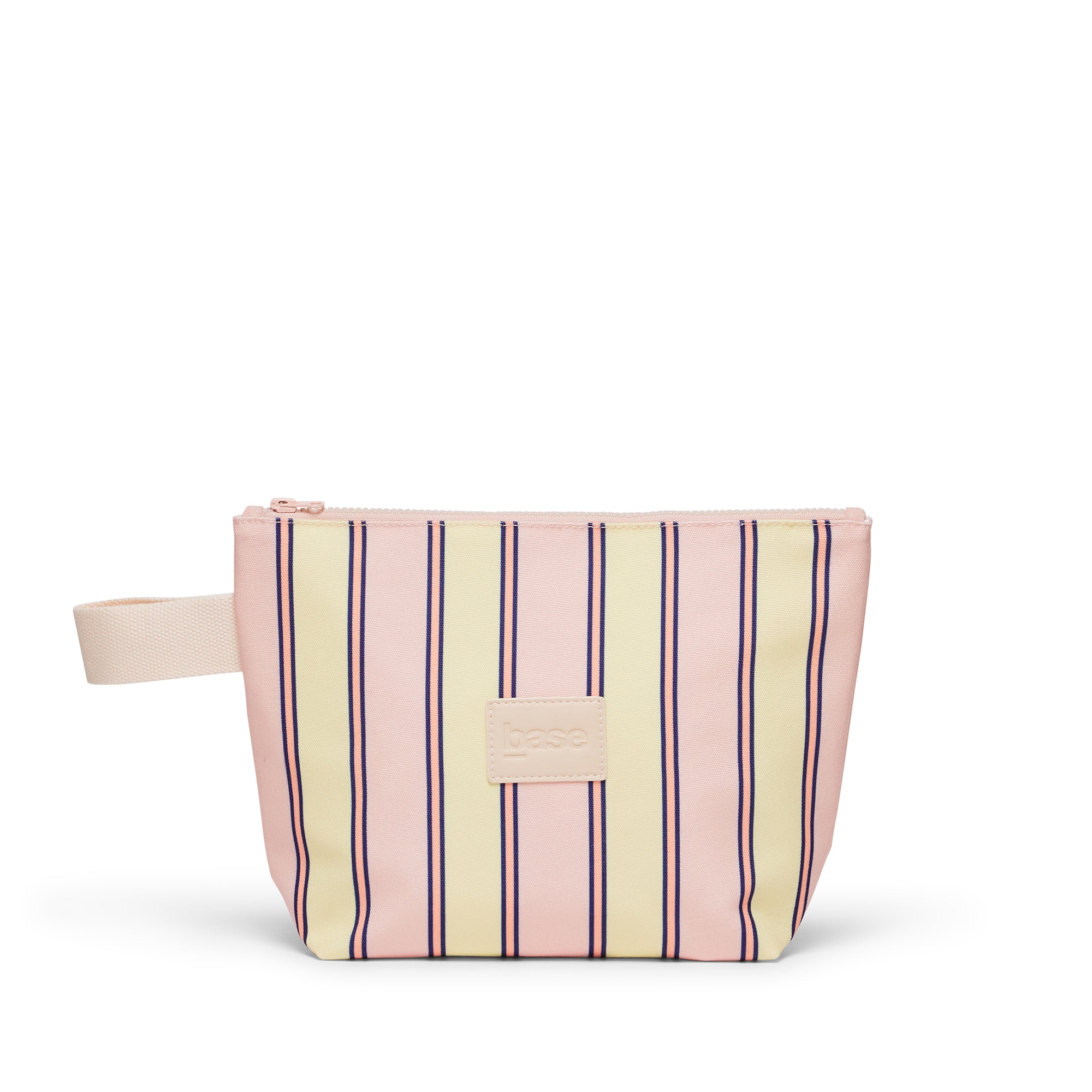 Striped pouch with pink and yellow pattern on a white background