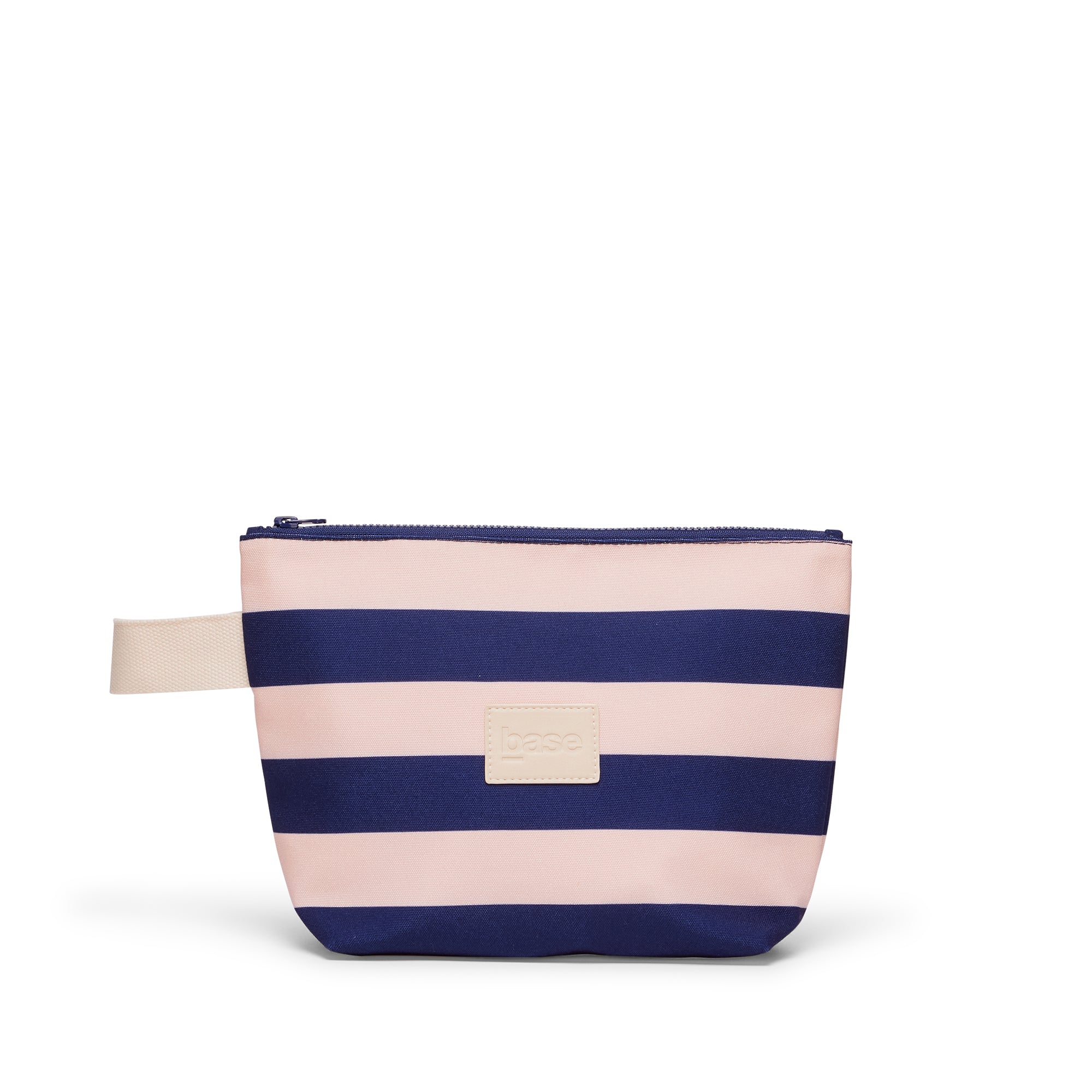 Pink and navy striped pouch on a white background